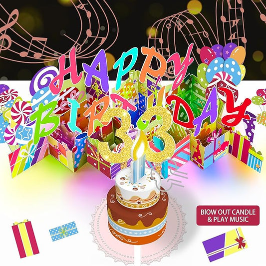 Gumry 33RD Musical Birthday PopUp Card, Blowable Colorful Light Candle 3D Cards with Song, Applause Cheers Sound, Greeting Cards Birthday Gifts Decorations for Women Men Turning 33 Years Old