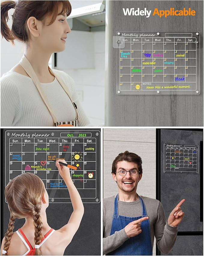 Magnetic Acrylic Calendar for Fridge,2 Pack 12"x16" Clear Fridge Calendar Dry Erase Magnetic Planning Boards Set Includes 6 Colorful Highlight Markers,Magnetic Pen Holder and Erase Towel
