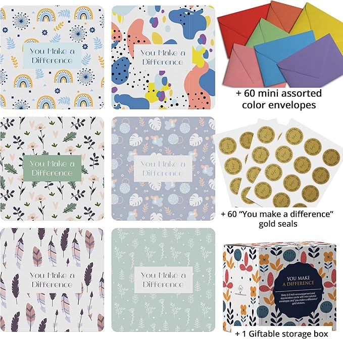 Dessie 60 You Make a Difference Inspirational Cards with Envelopes & Matching Seals. 60 Post-it Note Size Motivational and Encouragement Cards with Positive Affirmations. Great Thoughtful Gifts.