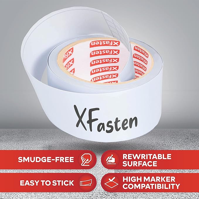 XFasten Dry Erase Tape White 2-Inch x 30-Feet Zero Smudging Ghosting-Free Whiteboard Tape, Reusable Dry Erase Labels for Storage Bins, Sentence Strips for Teachers