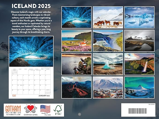 Iceland Calendar 2025 Monthly Wall Calender 12 Month | American Made In The USA