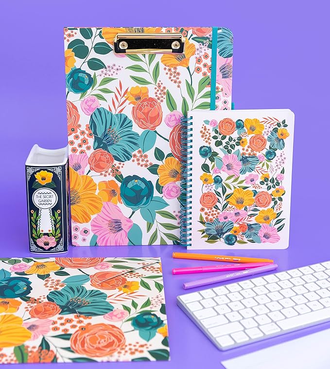 Steel Mill & Co Cute Floral Mini Spiral Notebook, 8.25" x 6.25" Journal with Durable Hardcover and 160 Lined Pages, Garden Blooms (Cream)