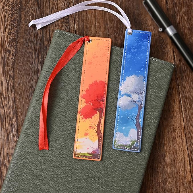 ZQZYMXQ 4Pcs Leather Cute Bookmarks for Women Girls, Aesthetic Pretty Bookmarks Four Season Tree Book Lover Gifts Teacher Gifts (Season Tree)