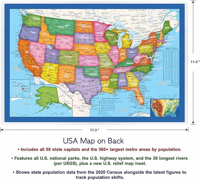 2-Sided Desk Map with Durable Lamination (1 Pack : US & US Centered World)