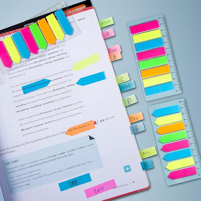 Golcellia Fluorescent Translucent Sticky Tabs, 1600 Pcs Total, Pack of 8 Colors, Arrow and Strip Sticky Notes, Small Page Flags