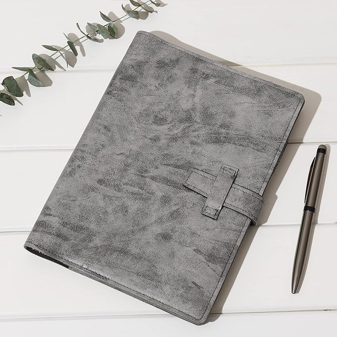 Wonderpool Leather Journal Refillable Binder A5 Writing Notebook Folder Organiser with Dotted Paper & Multi Pockets Cover for Business School Travel (A5, Grey)
