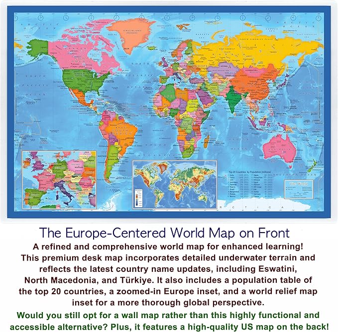 2-Sided Desk Map with Durable Lamination (2 Pack: US/Europe Centered World Map)