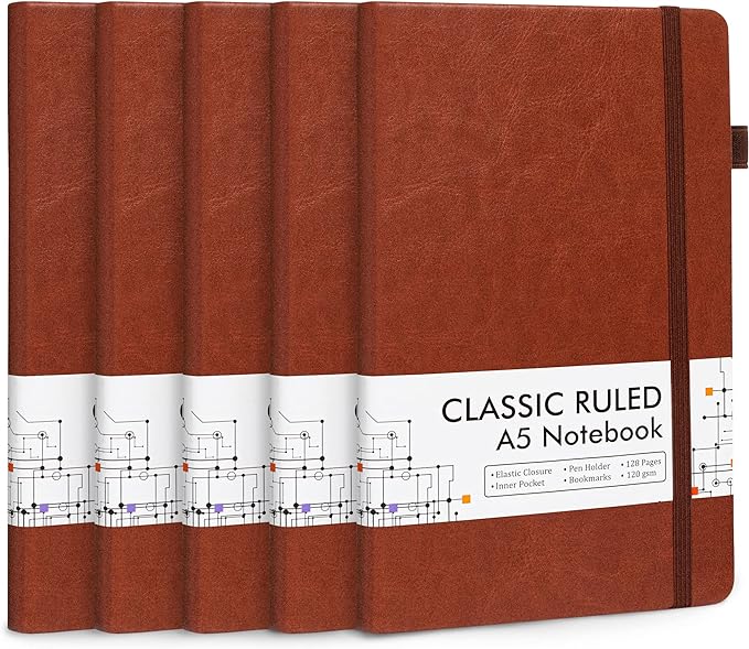 feela 5 Pack Journal Notebook Bulk for School, Hardcover Business Notebooks Classic Ruled Lined Journals with Pen Holder for Work Note Taking, with 5 Black Pens, 120 GSM, 5.1”x8.3”, A5, Brown