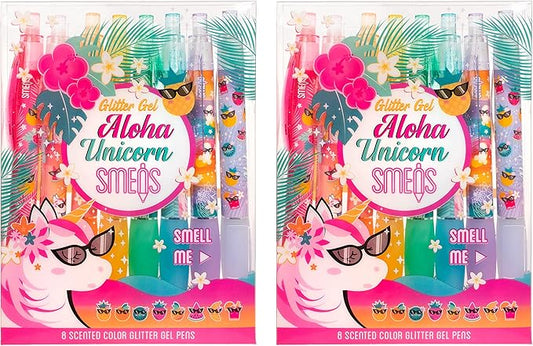 Glitter Gel Smens (2 Pack) - Aloha Unicorn Scented Pens, Colored Glitter Gel Ink, Medium Point, 8 Count