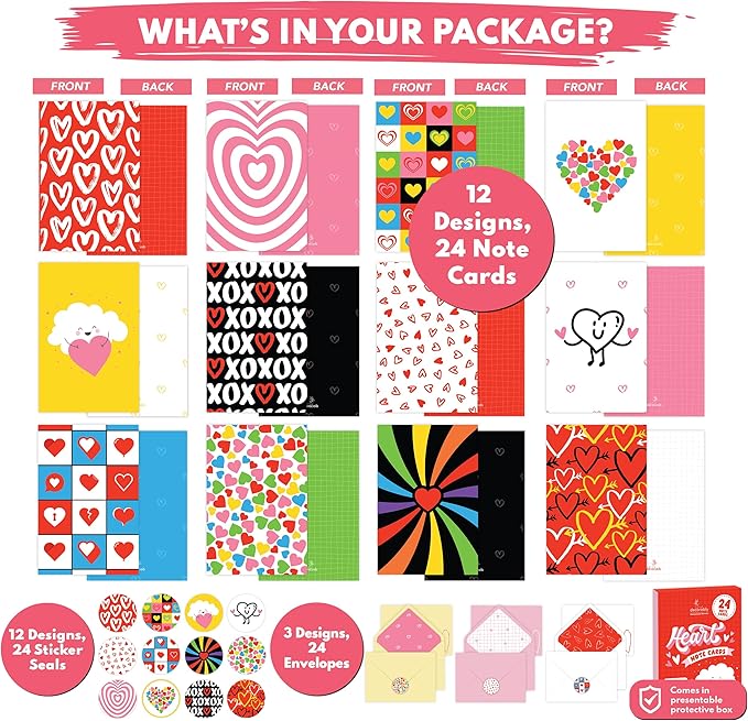 Decorably 24 Pack 4x6in Heart Note Cards with Envelopes and Stickers, 12 Charming Designs Heart Card, Blank Inside - Valentine's Day, Mother's Day, Birthday