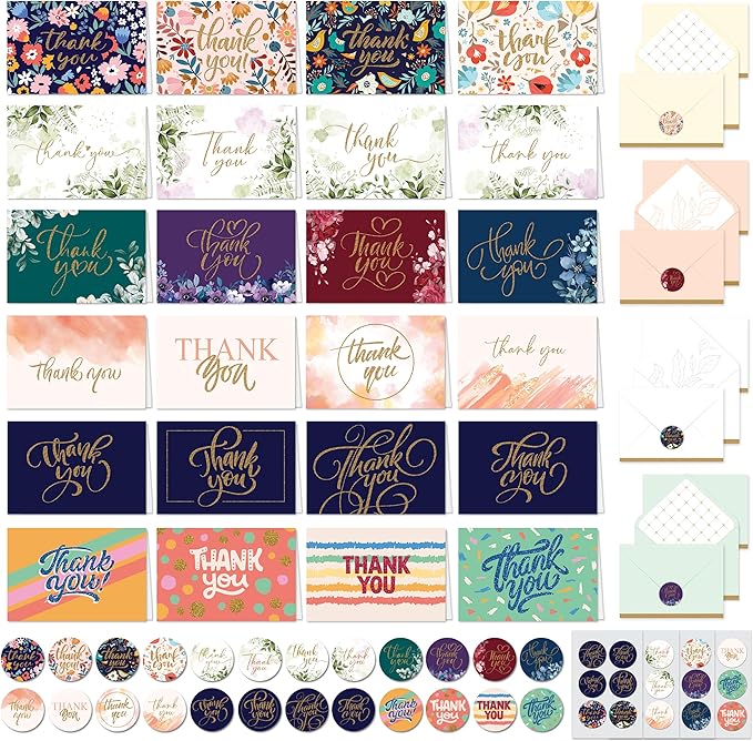 Decorably 24 Pack Glittery 6x4in Assorted Thank You Cards with Envelopes and Stickers, 24 Unique Beautiful Designs Thank You Card Assortment, Blank Inside - Wedding, Baby Shower, Birthday