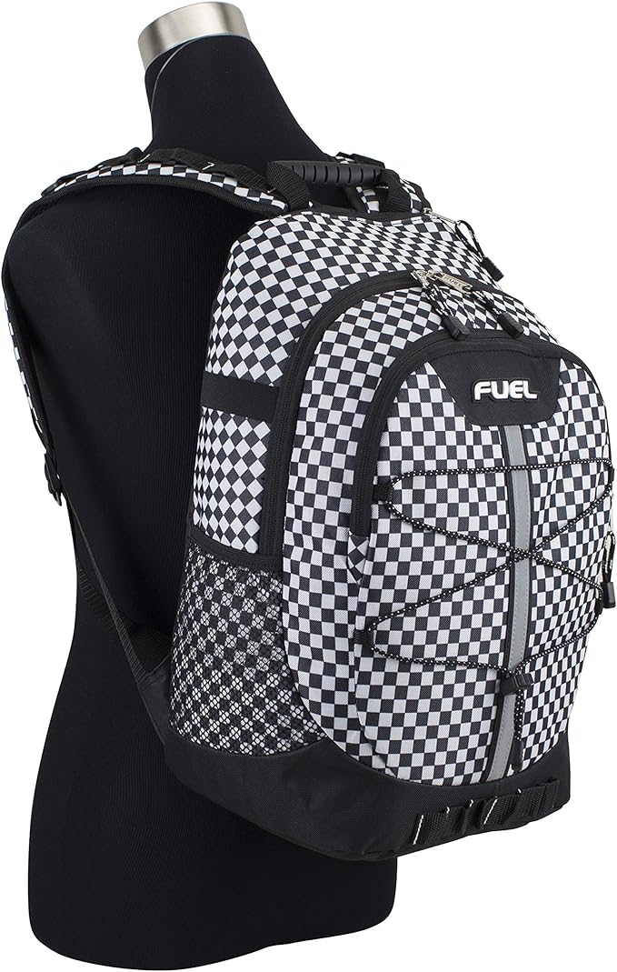 FUEL Hiking Checkered Black White Backpack for Women Men Terra Sport, Travel, College, Gym, Work with Laptop Sleeve, Bungee, 18 Inches