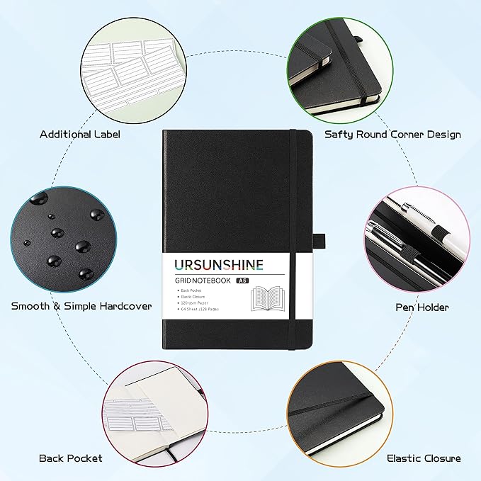 Graph Grid Paper Notebook/Journal - Classic Journal/Notebook with Ribbon Divider, Hardcover with Thick Paper, 5.3" x 8.26", Banded + Pen Holder +Inner Pocket - Black