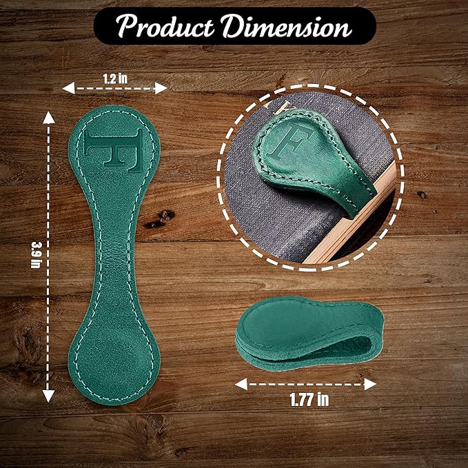 Personalized Leather Magnetic Bookmarks (1 Pack) Vintage Custom Engraved Initial ID Identification Book Marker Clip Gift for Book Lover Avid Readers (Letter F, Green)
