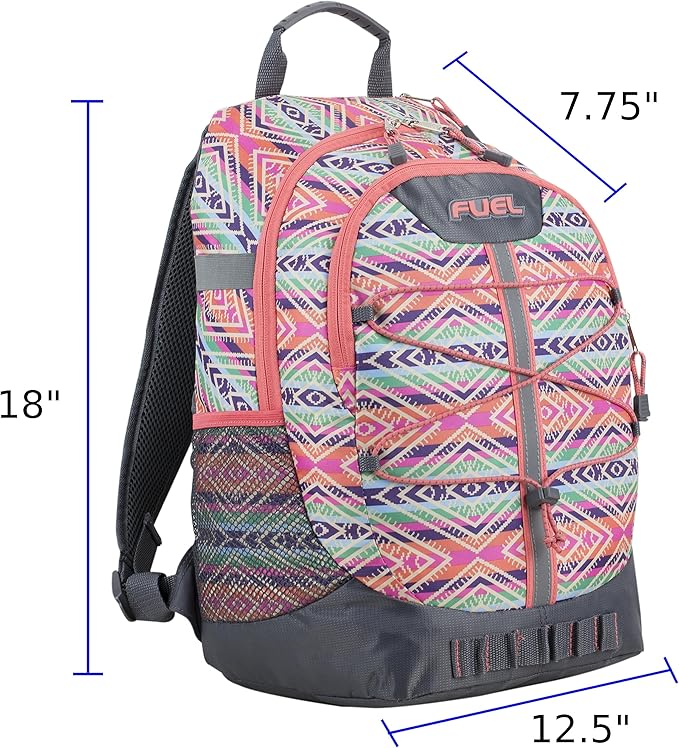 FUEL Hiking Backpack for Women Men Terra Sport, Travel, College, Gym, Work with Laptop Sleeve, Bungee, 18 Inches, Sweet Orange Aztec