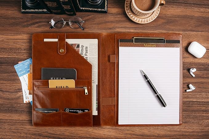 Genuine Leather Portfolio for Men, Leather Clipboard Custom Portfolio, Personalized Leather Binder, Legal Pad Portfolio Organizer Christmas Gift for His/Her (Clipboard, Shiny Brown-Standard)