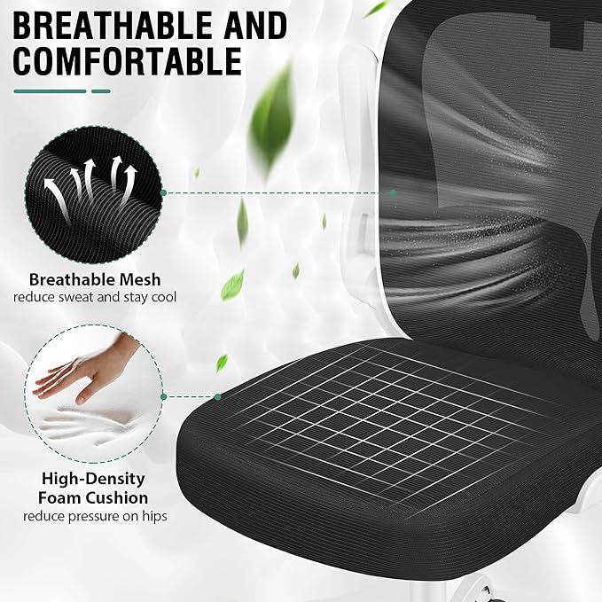 Office Chair, Ergonomic Office Chair with 3D Lumbar Support 3D Headrest, Comfy High Back Home Desk Chairs, Breathable Mesh Computer Chairs with Flip-Up Armrests & Hanger(White)