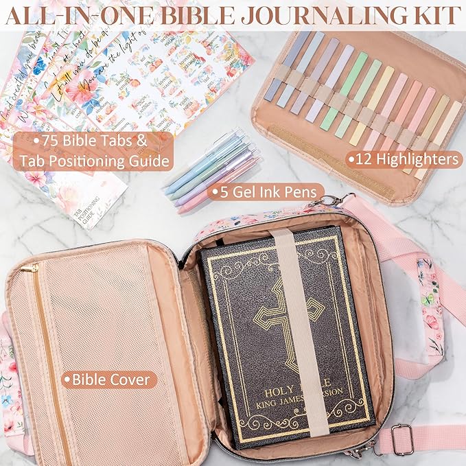 Bible Cover for Women Bible Case, Large Bible Bag w/Shoulder Strap, Bible Study Supplies Bible Journaling Kit Pink Book Carrying Case with Bible Highlighters, Christmas Christian Gifts for Women Lady