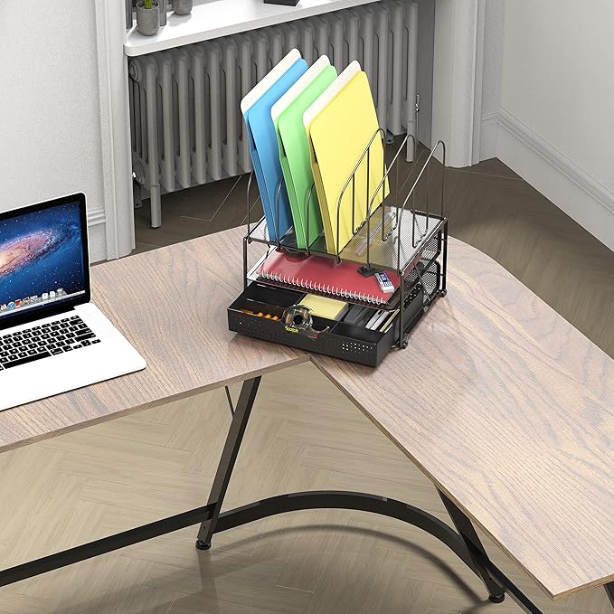 DecoBros Mesh Desk Organizer with Double Tray, 5 Upright Sections and Sliding Drawer, Black