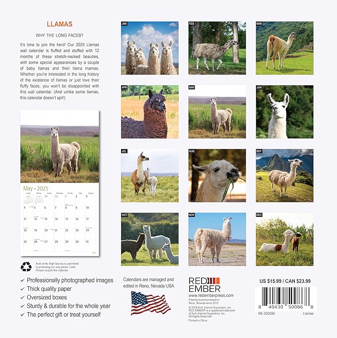 RED EMBER Llamas 2025 Wall Calendar 12 Month | 12" x 24" Open | Thick & Sturdy Paper | Giftable | Calendar 2025