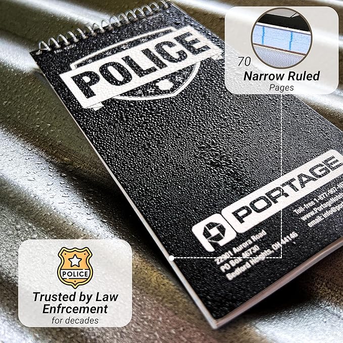Portage Public Safety Police Notebook – Top Bound Spiral Notebook, Writing Pad for Interviews, Accidents & Incident Reports, Field Notes Book for Police – 4x8 In, 70 Sheets, 3 Pack