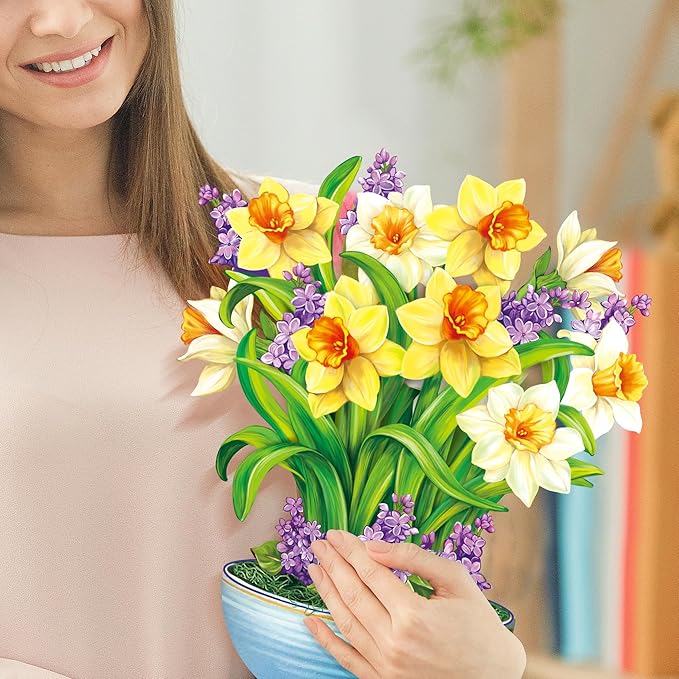 Airpark Pop Up Cards, 12‘’ English Daffodils, Paper Flowers Bouquet 3D Popup Greeting Cards with Blank Note Card and Envelope for Birthday, Get Well Cards Gifts for Women Her