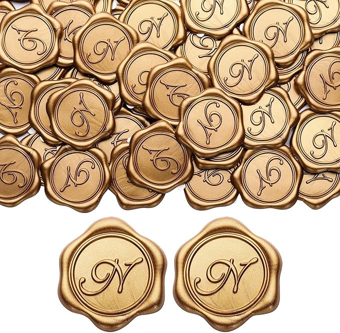 Yoption Initial N Wax Seal Stickers, 50 Pack Antique Gold Self Adhesive Envelope Seal Stickers for Wedding Party Birthday Christmas (N)