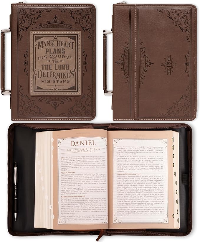 Christian Art Gifts Men's Classic Bible Cover A Man’s Heart Proverbs 16:9, Brown/Tan Faux Leather, Large