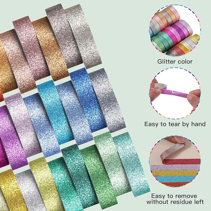 Eaasty 30 Rolls Glitter Washi Tape Colored 66 Yard Rainbow Metallic Tape Decorative Adhesive for Art Scrapbook DIY Craft Projects Gift Wrapping Decor