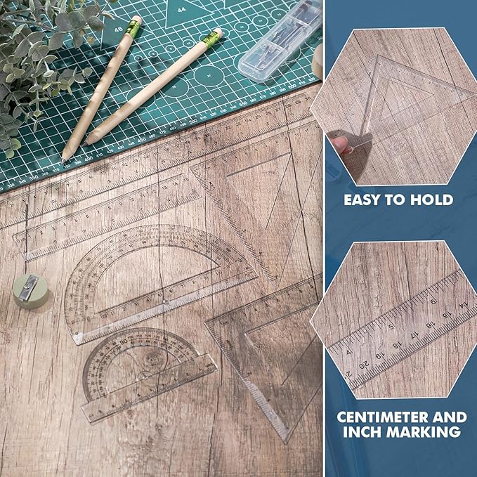 Tenare 6 Pcs Plastic Ruler Math Set Includes 12 Inch 6 Inch Straight Ruler Protractor Triangle Rulers Geometry Transparent Math Ruler Measuring Tools for School Office Home(Clear)