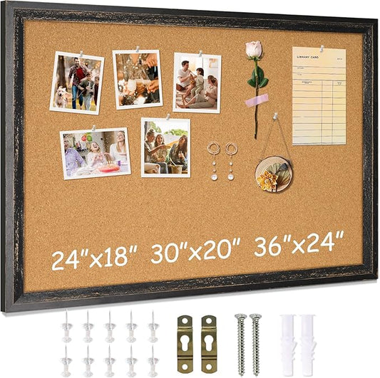 DOLLAR BOSS Cork Board for Office 36 X 24 Inches Cork Boards for Walls Bulletin Board, Decorative Hanging Pin Board Rustic Wooden Frame Vision Board Cork Notice Board for Office Home Decor, Black
