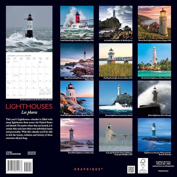 Graphique 2023 Lighthouses Wall Calendar | 12” x 12” | Thick Paper | Home & Office Organizer | Large Monthly Grid | 3 Languages & Marked Holidays | 4 Month Preview Page for 2024…