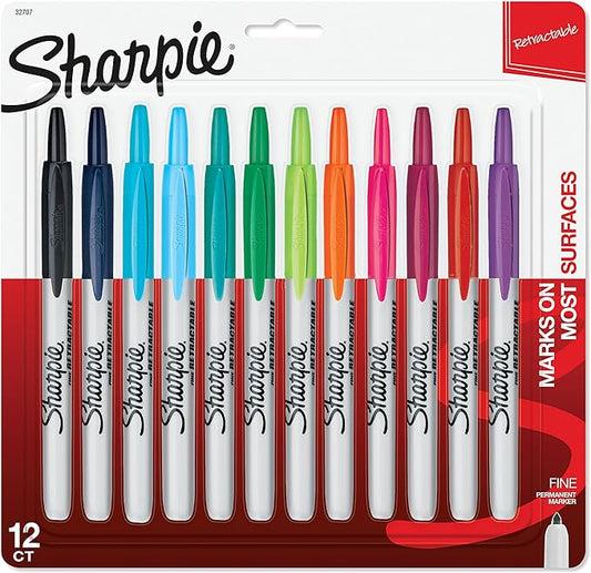 Sharpie Retractable Fine Tip Permanent Markers, Assorted Colors, 12 Count