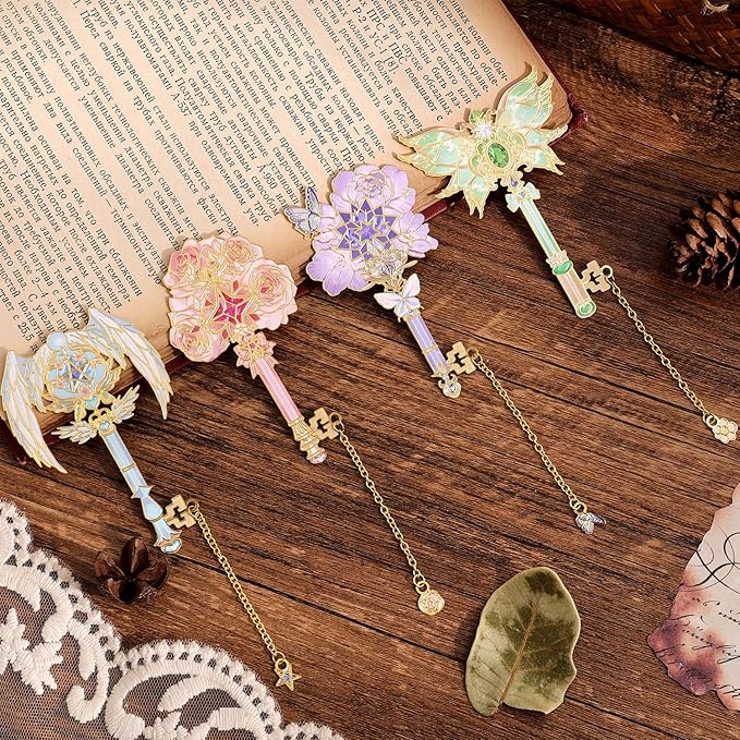 4pcs Metal Bookmarks Set for Reading Women and Men, Enchanted Floral Wing Key Magic Reading Accessories, Fantasy Book Marks Gifts for Book Lovers Readers Kids Page Holders with Flower Feather Designs