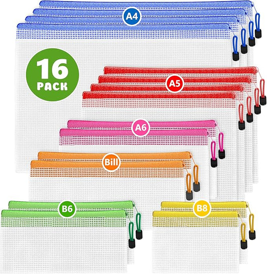 16 Pack Assorted Sizes Plastic Mesh Zipper Pouches for Storage & Organize Board Games - Puzzles - Documents - Bills - School and Office Supplies - Travel - Makeup - Multisize Mesh Zipper Pouch