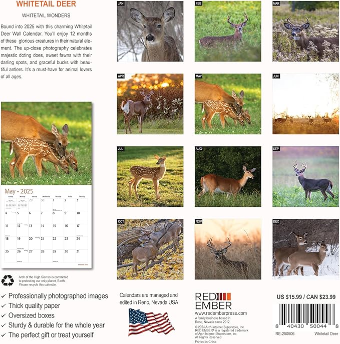 RED EMBER Whitetail Deer 2025 Wall Calendar 12 Month | 12" x 24" Open | Thick & Sturdy Paper | Giftable | Calendar 2025