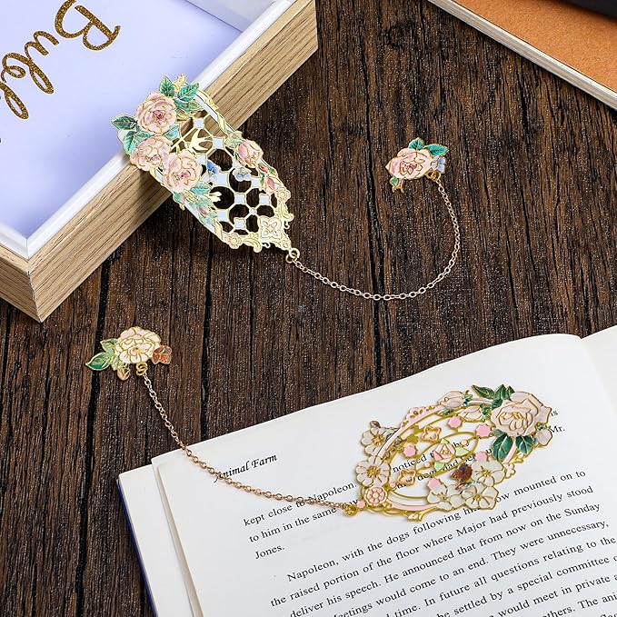2 Pcs Metal Rose Bookmarks, Beautiful Book Marks for Reading Women Vintage Bookmarks with Metal Chain Pretty Bookmark Gift for Book Lovers Readers Birthday Christmas Gifts(Pink, White Roses)