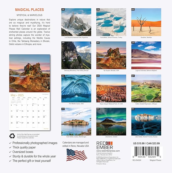 RED EMBER Magical Places 2025 Wall Calendar 12 Month | 12" x 24" Open | Thick & Sturdy Paper | Giftable | Calendar 2025