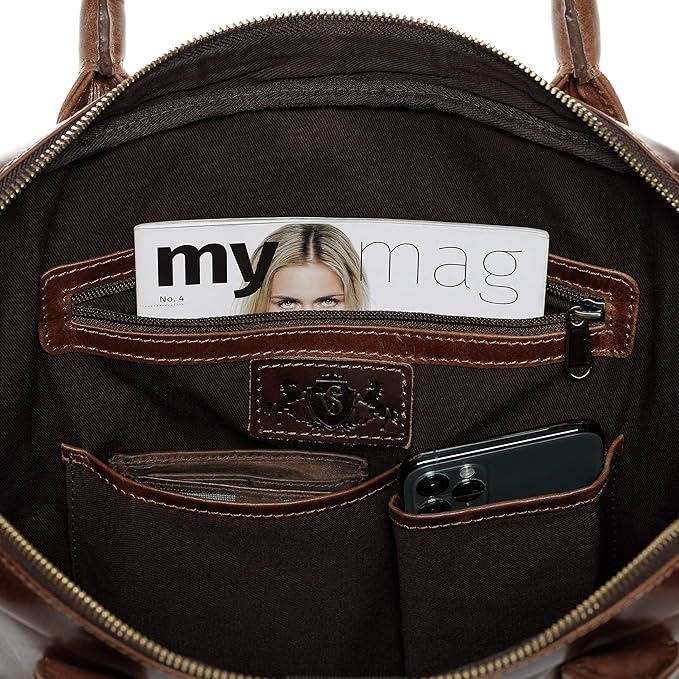 SID & VAIN laptop bag BOSTON Large business office work bag laptop case real leather briefcase leather bag Unisex brown