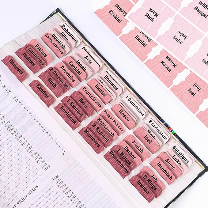 Pink Bible Tabs, 90 Large Print Bible Index Tabs for Study Bible, Laminated Easy-to-Read Label, Christian Gift for Women, Men, Kids