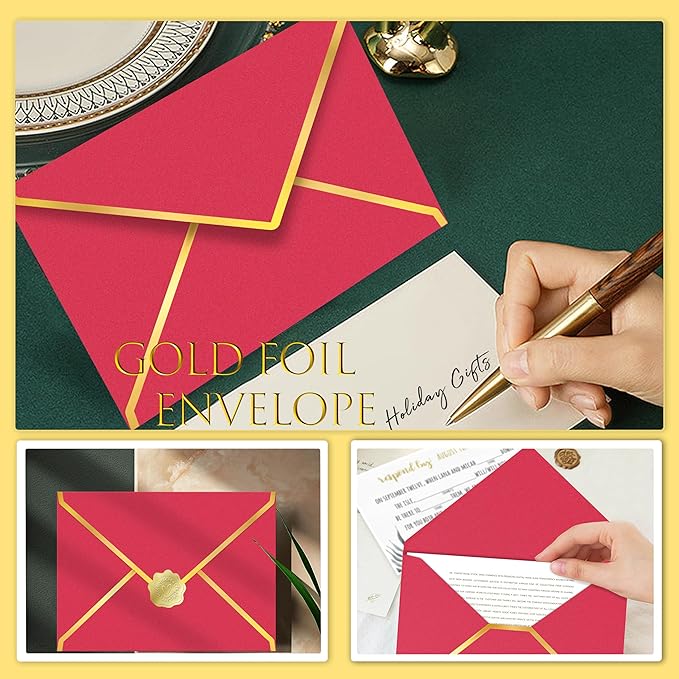 60 Pack Gold Envelopes 5x7 Rose Red, 250G Pearled Cardstock A7 Envelopes for Invitations Business Mailing Envelope with Gold Foil Border, A6 4x6 Envelopes for Wedding Baby Shower Cards