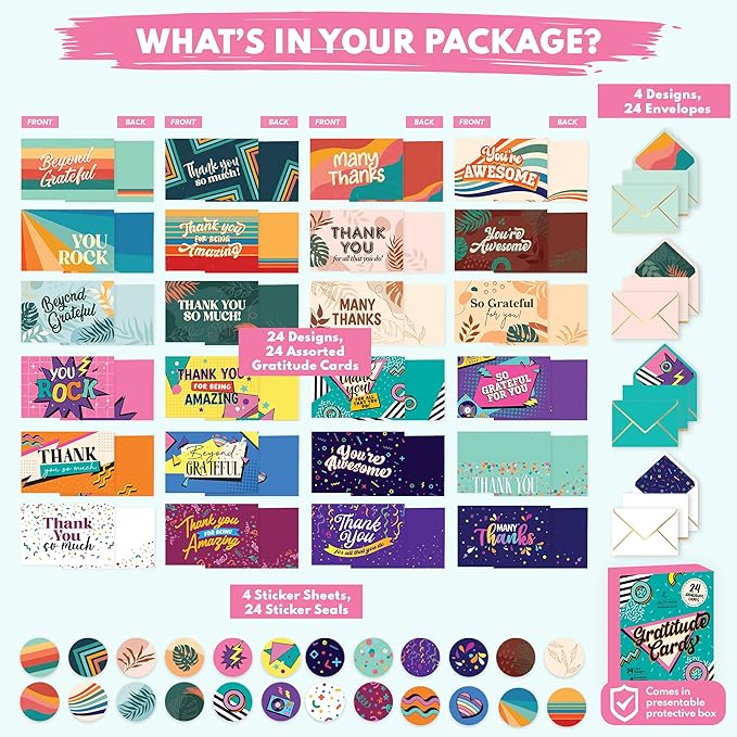 Decorably 24 Pack 6x4in Assorted Thank You Cards with Envelopes & Stickers, 24 Vibrant Designs Thank You Cards Variety Pack, Blank Inside - Birthday, School Events