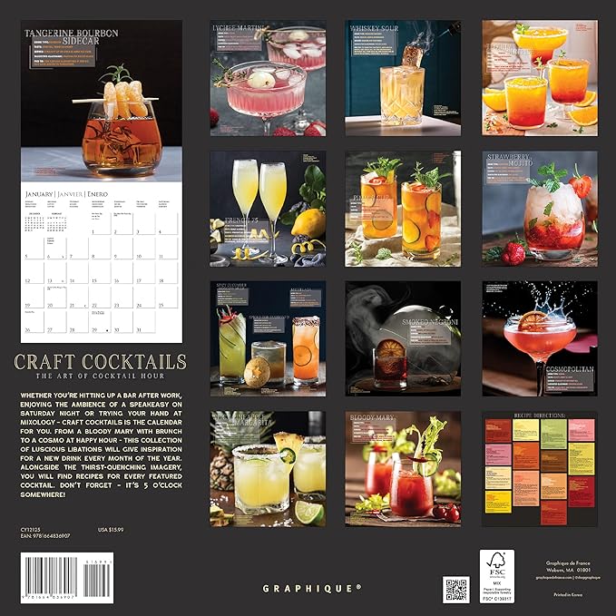 Graphique 2025 Craft Cocktail Wall Calendar | 12” x 12” | Thick Paper | Home & Office Organizer | Large Monthly Grid | 3 Languages & Marked Holidays | 4 Month Preview Page for 2026