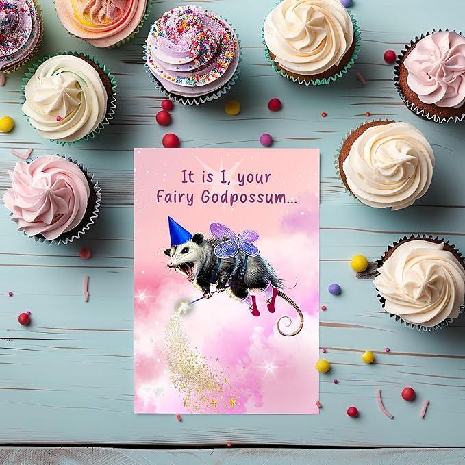 Fairy God Possum Happy Birthday Greeting Card - Funny Godparent Birthday Gift Idea for Men Women Him Her - Hilarious Feral Animal Godpossum Bday Present for Best Friend Bestie Coworker or Sister