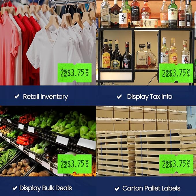 Perco 1 Line Fluorescent Green Labels - 8 Rolls, 1 Sleeve, 8,000 Blank Price and Date Gun Labels for Perco 1 Line Price and Date Guns - Made in USA