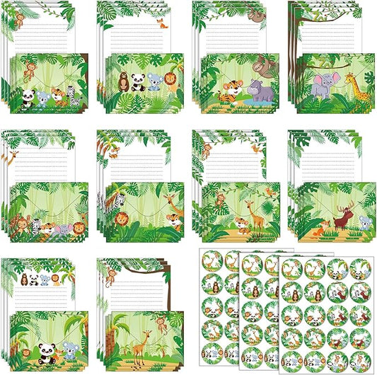 TaoBary 160 Packs Stationery Paper Set (50 Double Sided Stationery Writing Papers 50 Matching Envelopes) 60 Round Dot Sticker, 10 Design(Safari Animal,5.5 x 8.25 Inch)
