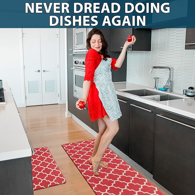 ComfiLife Kitchen Mats for Floor (2 PCs) – Cushioned Anti Fatigue Kitchen Rug for Comfortable Standing – Waterproof, Easy Clean, Non-Slip, Thick Kitchen Mat Set for Home, Office, Sink, Laundry (Red)