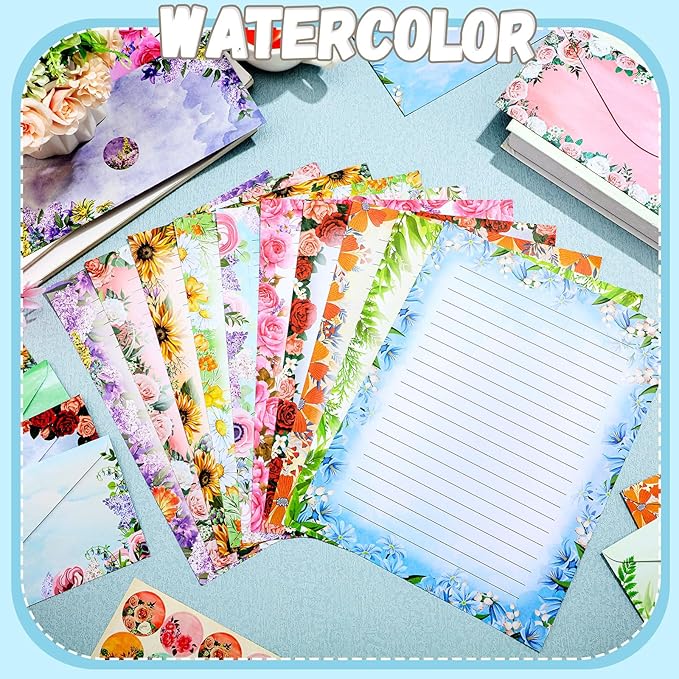TaoBary 160 Packs Stationery Paper Set (50 Double Sided Stationery Writing Papers 50 Matching Envelopes) 60 Round Dot Sticker, 10 Design(Flower,8.5 x 11 Inch)