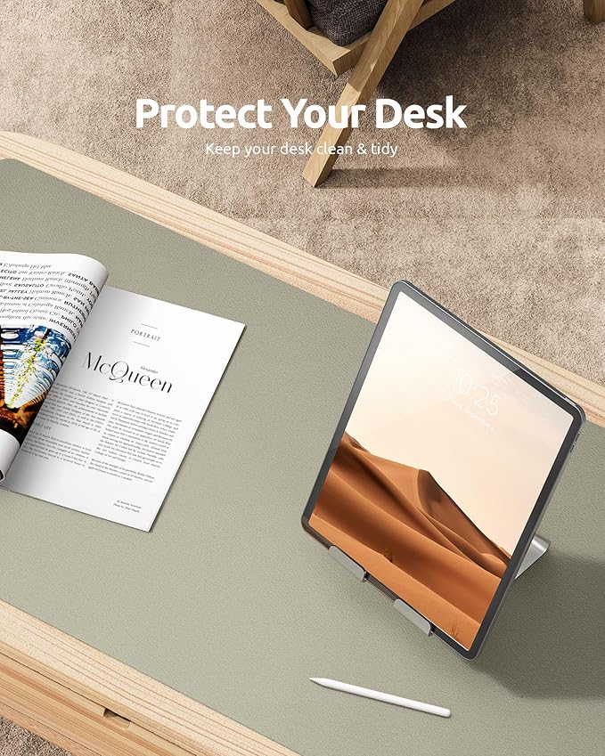 YSAGi Leather Desk Protector, Office Mat, Large Mouse Mat, Non-Slip PU Leather Blotter, Laptop Pad, Waterproof Writing Pad for Office and Home (Sage Green, 35.4" x 17")