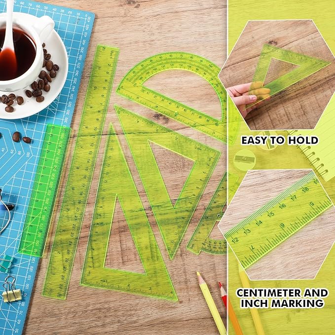 Tenare 6 Pcs Plastic Ruler Math Set Includes 12 Inch 6 Inch Straight Ruler Protractor Triangle Rulers Geometry Transparent Math Ruler Measuring Tools for School Office Home(Yellow)